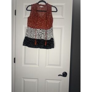 Thml  Shift Tank Top Small Red Cream Black White Print Drawstring Tassels